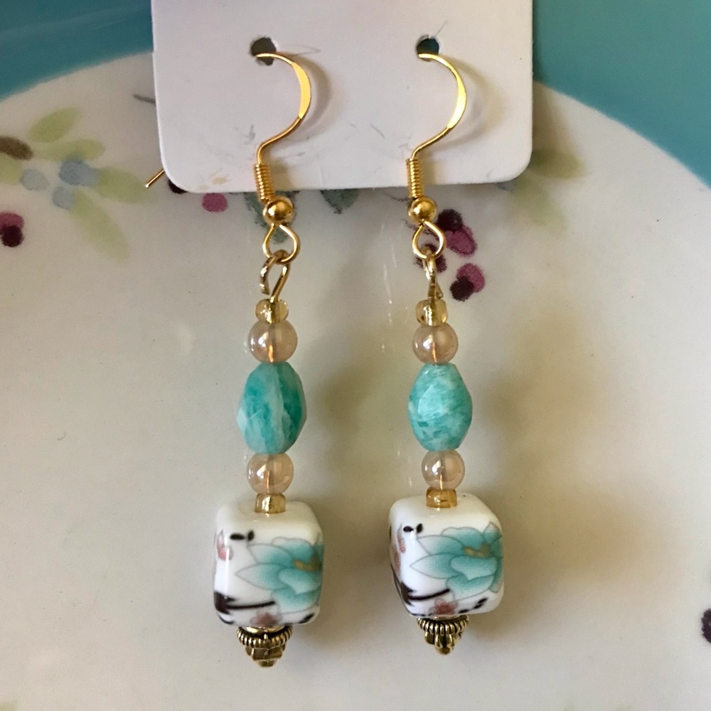 2 for $10. Elegant Gold and Turquoise Beaded Earrings - Picture 3 of 3